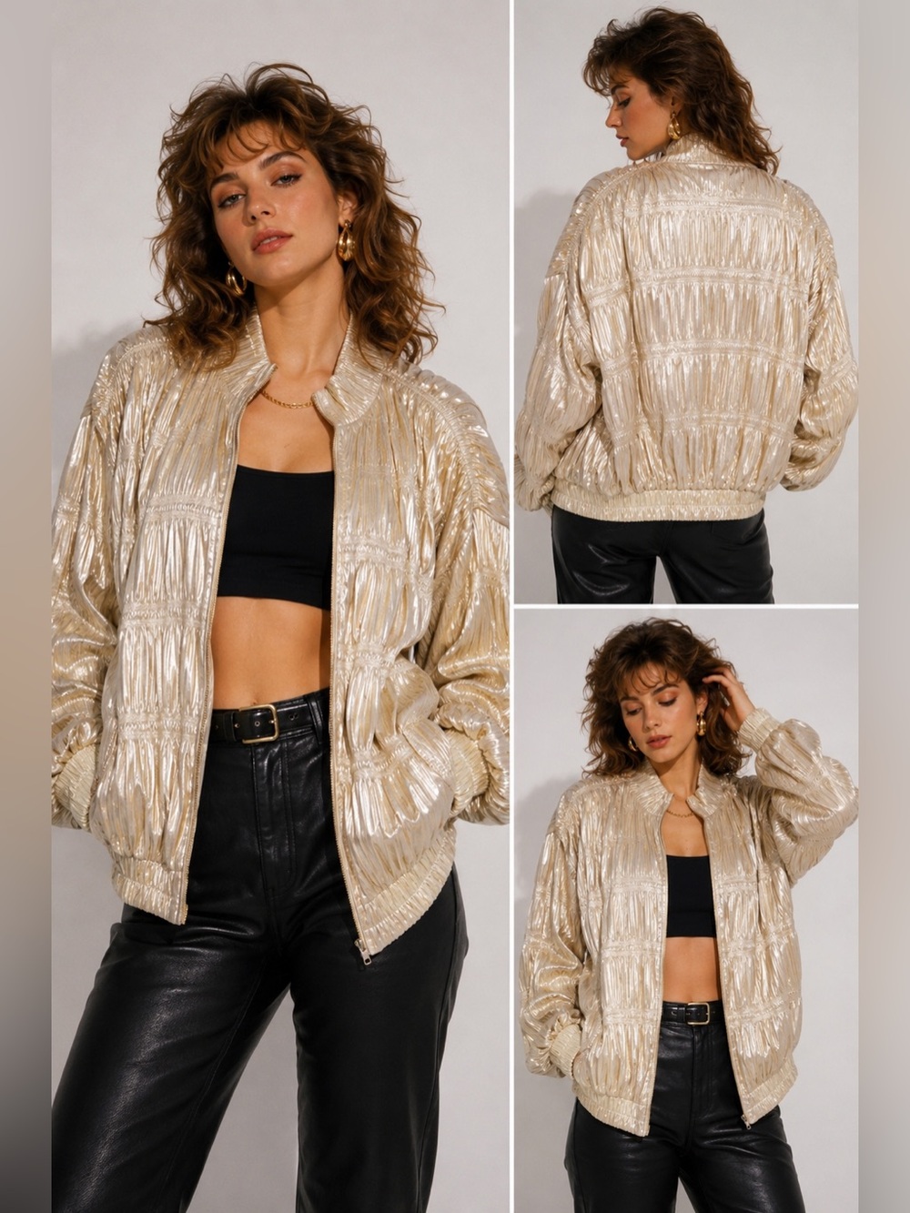 Vintage 80s Marshall Rousso Metallic Ruched Bomber Jacket Gold Disco Glam Large